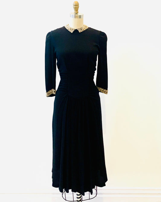 1940's Black Crepe Dress with Beaded details